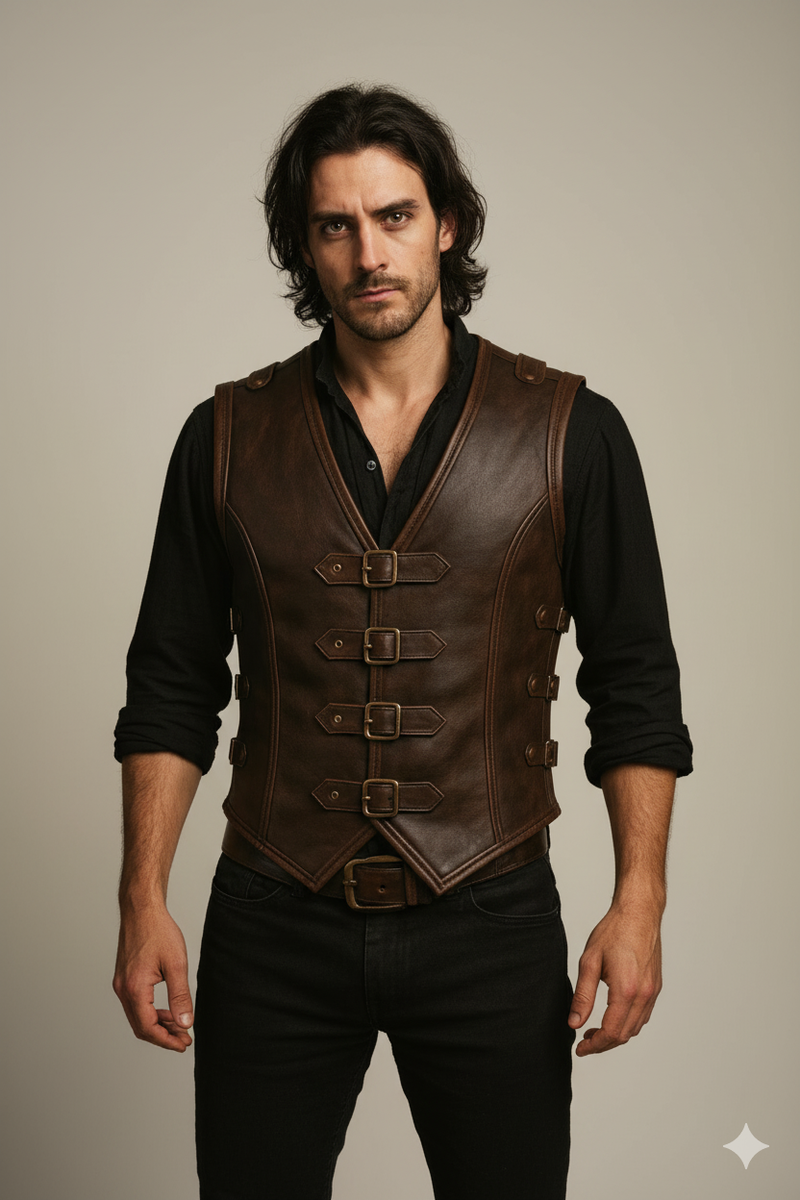 Men's Brown Leather Steampunk Vest with three vertical front buckle straps and shoulder epaulets.