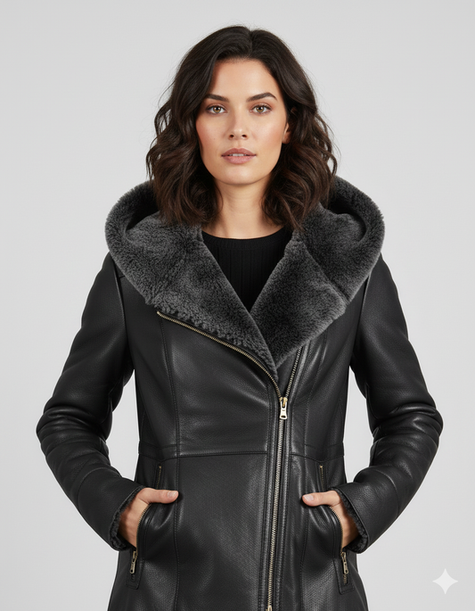 Hip-length black leather-style coat for women featuring an asymmetrical zipper and plush grey fur collar.
