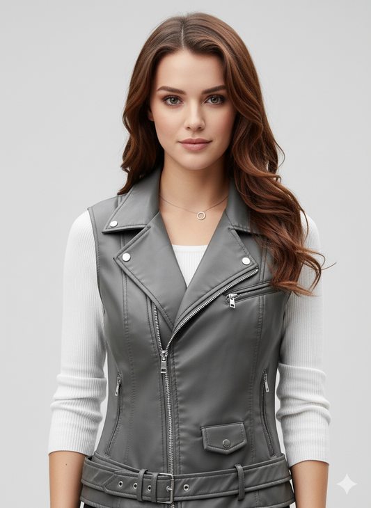Close-up of the smooth gray leather texture, silver zippers, and the snap detail on the lapel of the women's vest.