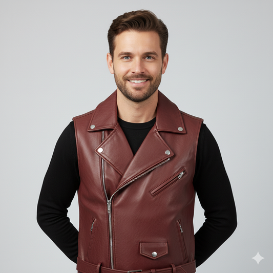 Close-up of the distressed brown leather texture and the antique brass decorative button detail on the double-breasted vest.