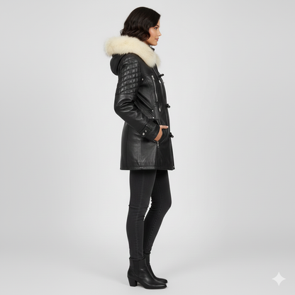 Close-up of the diamond-quilted leather sleeves and soft fur hood on a premium women's winter coat