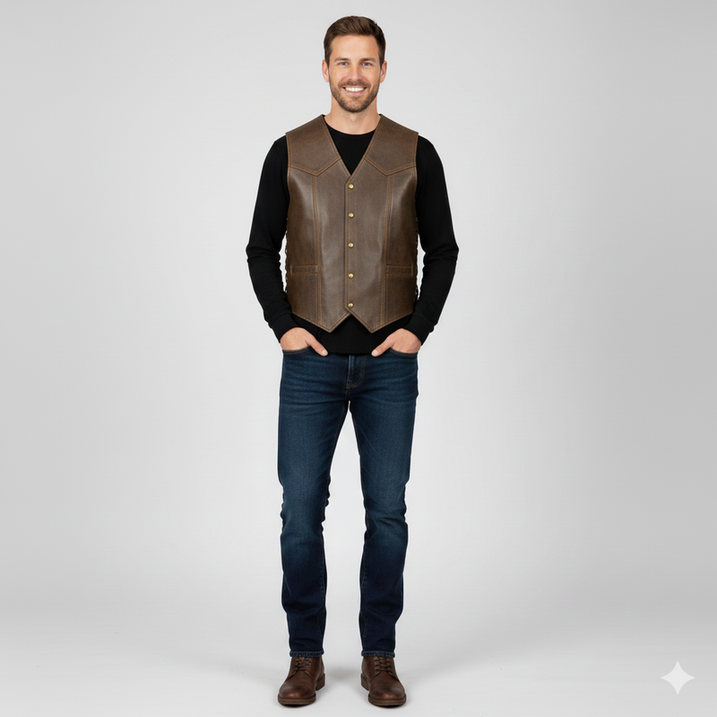 Full-length photo of a man wearing a brown leather double-breasted waistcoat over a black t-shirt and dark jeans.