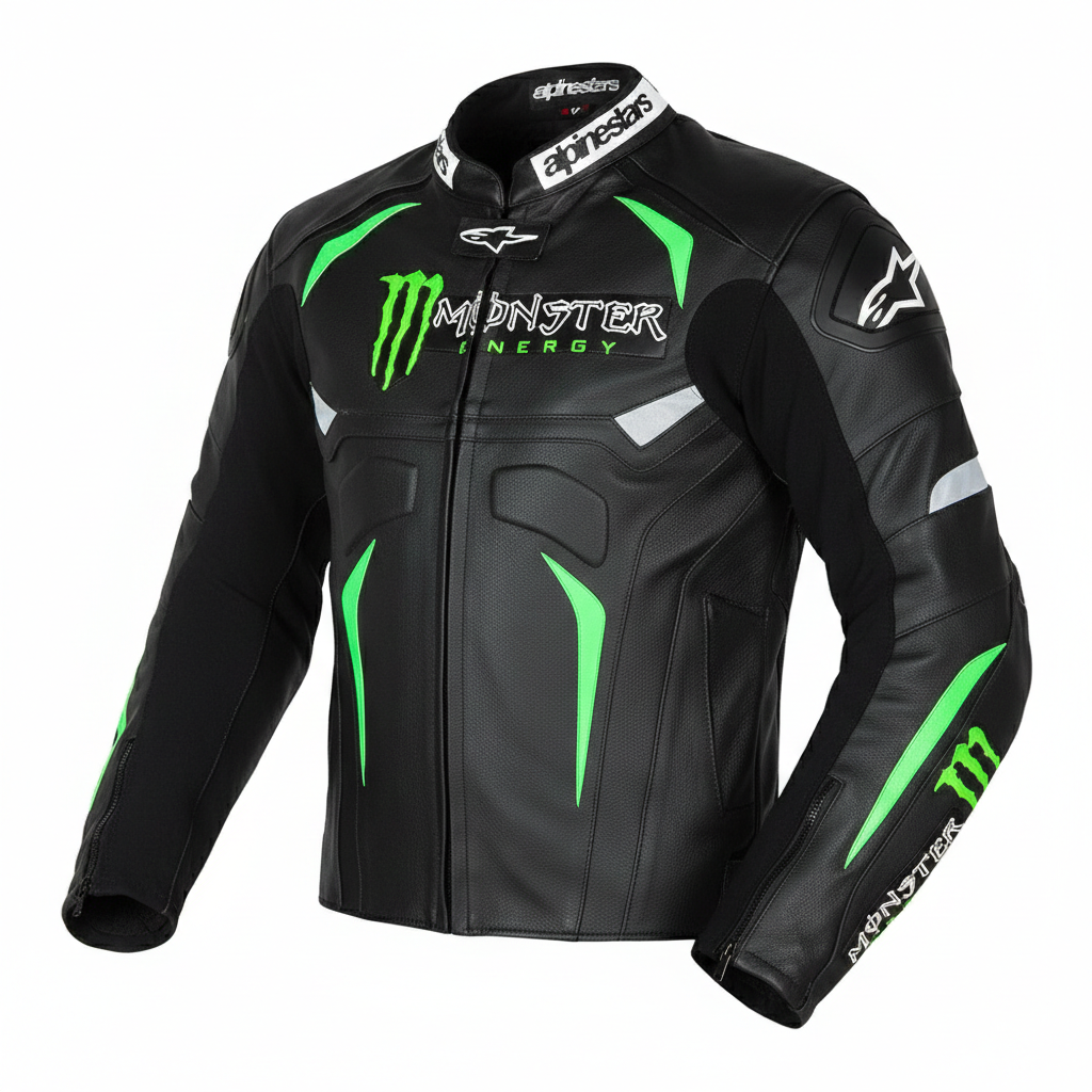 Kawasaki black and green leather motorcycle racing jacket with Monster Energy branding and integrated armor.