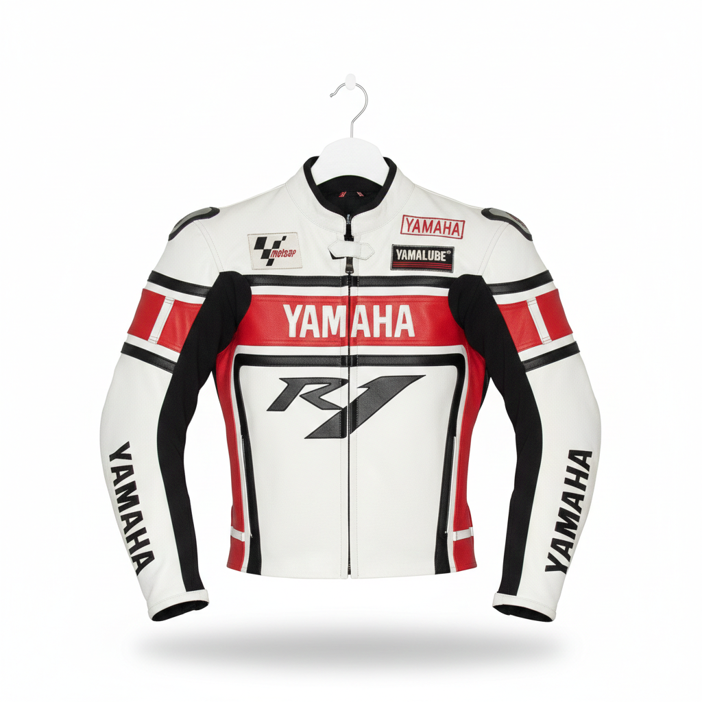 Yamaha R1 white, red, and black leather motorcycle racing jacket with integrated armor and team branding.