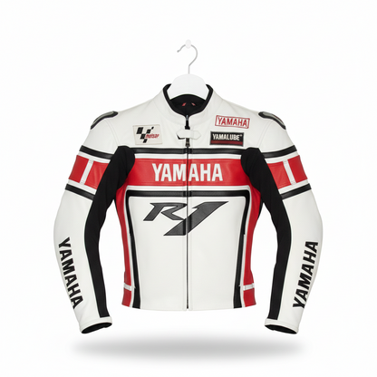 Yamaha R1 white, red, and black leather motorcycle racing jacket with integrated armor and team branding.