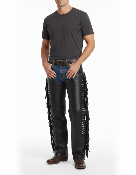 Men's onyx black smooth leather western chaps with full-length side fringe and silver metallic studs.