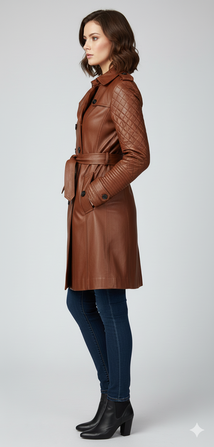 Model wearing a sophisticated cognac quilted leather trench coat.