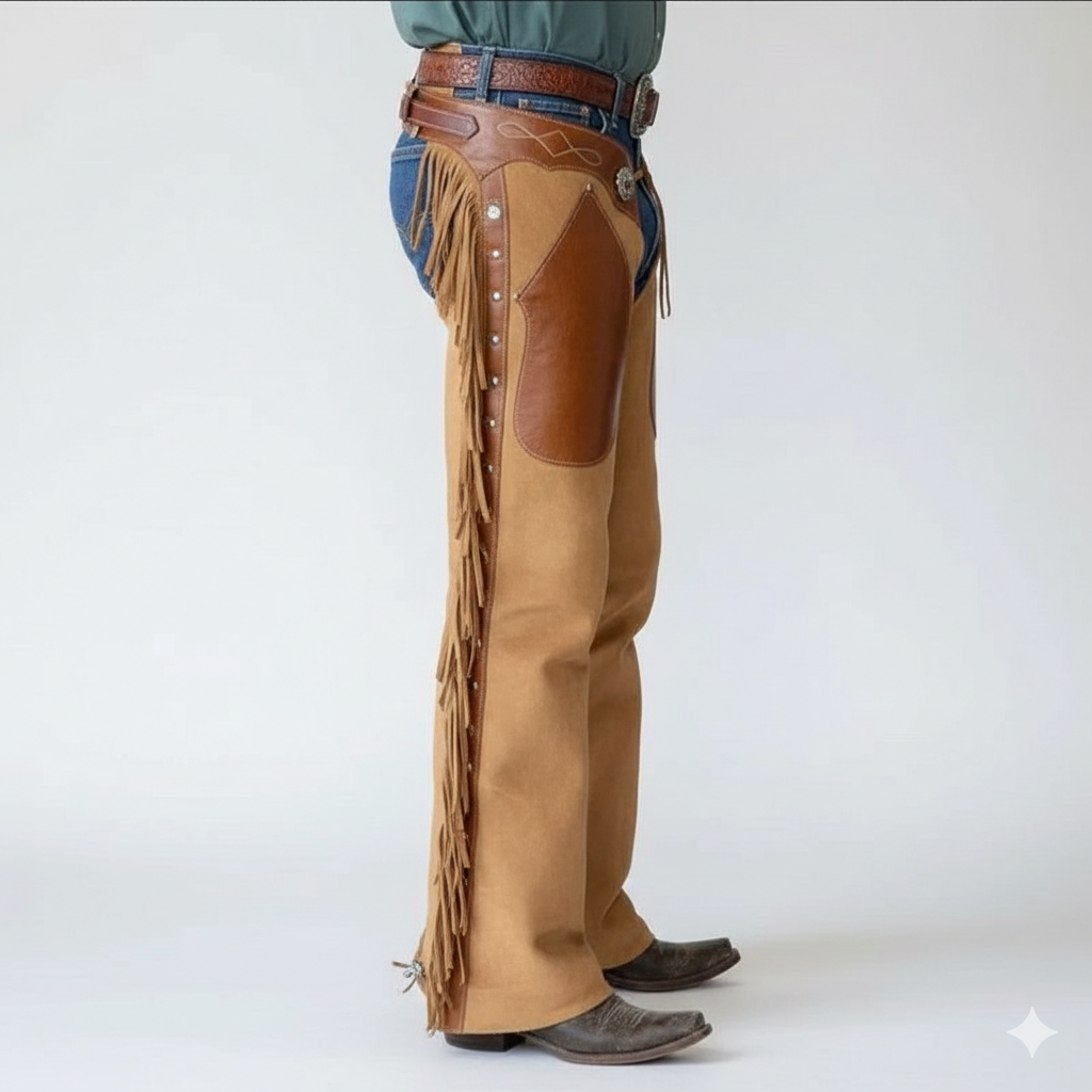 Close-up of the ornate silver conchos and hand-cut leather side fringe on dual-tone brown western overpants.