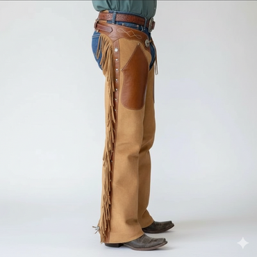 Close-up of the ornate silver conchos and hand-cut leather side fringe on dual-tone brown western overpants.