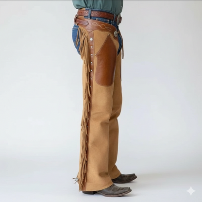 Close-up of the ornate silver conchos and hand-cut leather side fringe on dual-tone brown western overpants.