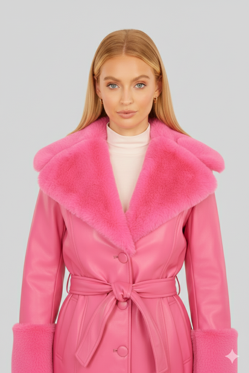 Longline electric pink belted coat featuring plush pink fur trim and tonal button-front closure.