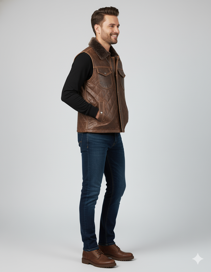 Close-up of the diamond-stitched pattern and the soft brown fur collar on the leather vest.