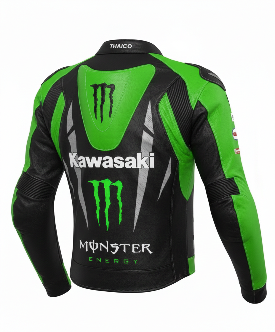 Detailed view of the Kawasaki chest logo, sponsor patches, and perforated leather construction on a professional racing jacket.
