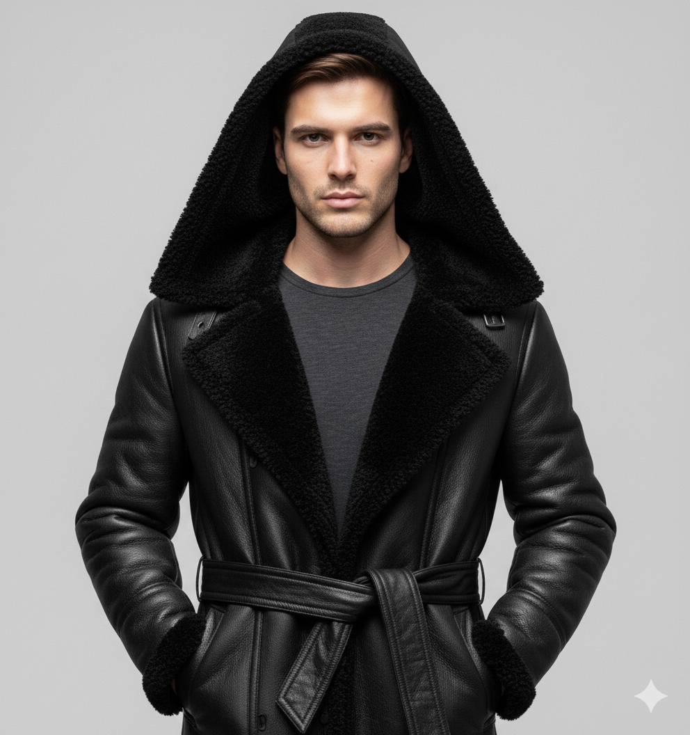 Longline black leather winter overcoat for men featuring oversized black fur lapels and shearling-trimmed cuffs.