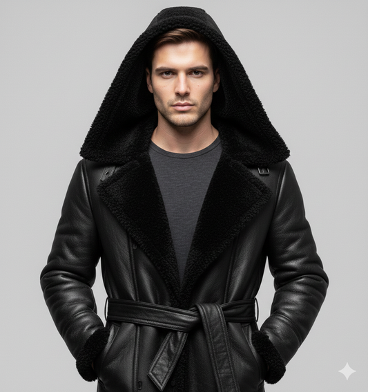 Longline black leather winter overcoat for men featuring oversized black fur lapels and shearling-trimmed cuffs.
