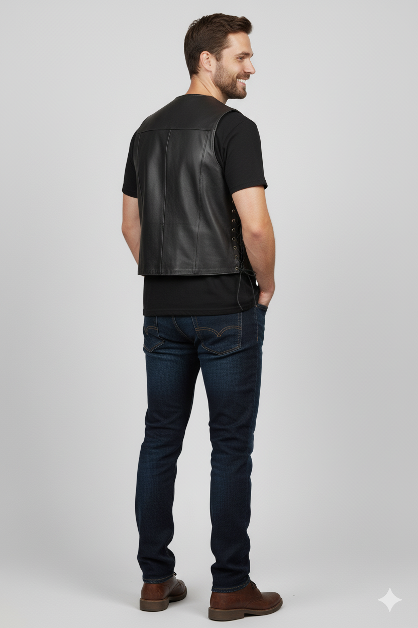 Close-up of the silver asymmetrical zipper and notched lapel on the black leather biker vest.