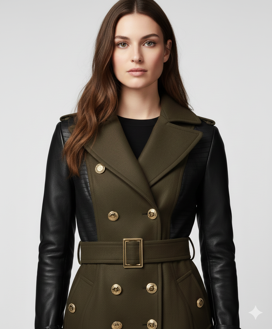 Double-breasted olive green long coat featuring contrasting black leather sleeves and a buckled waist belt.