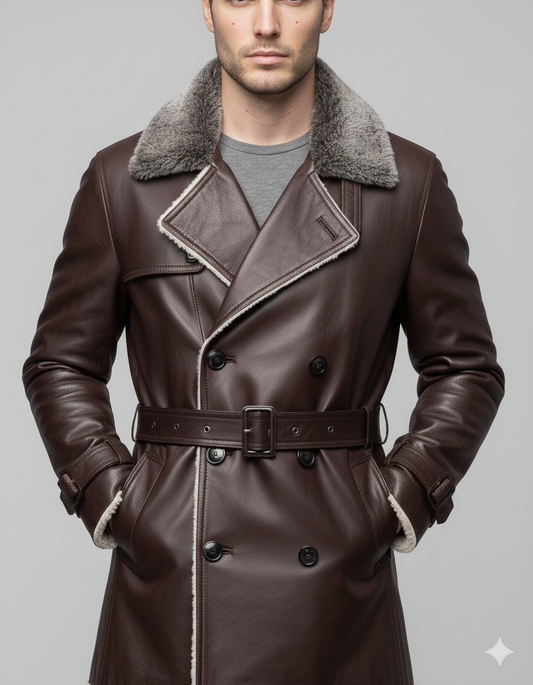 Double-breasted dark brown leather winter overcoat for men featuring oversized grey fur lapels and buckled cuffs.