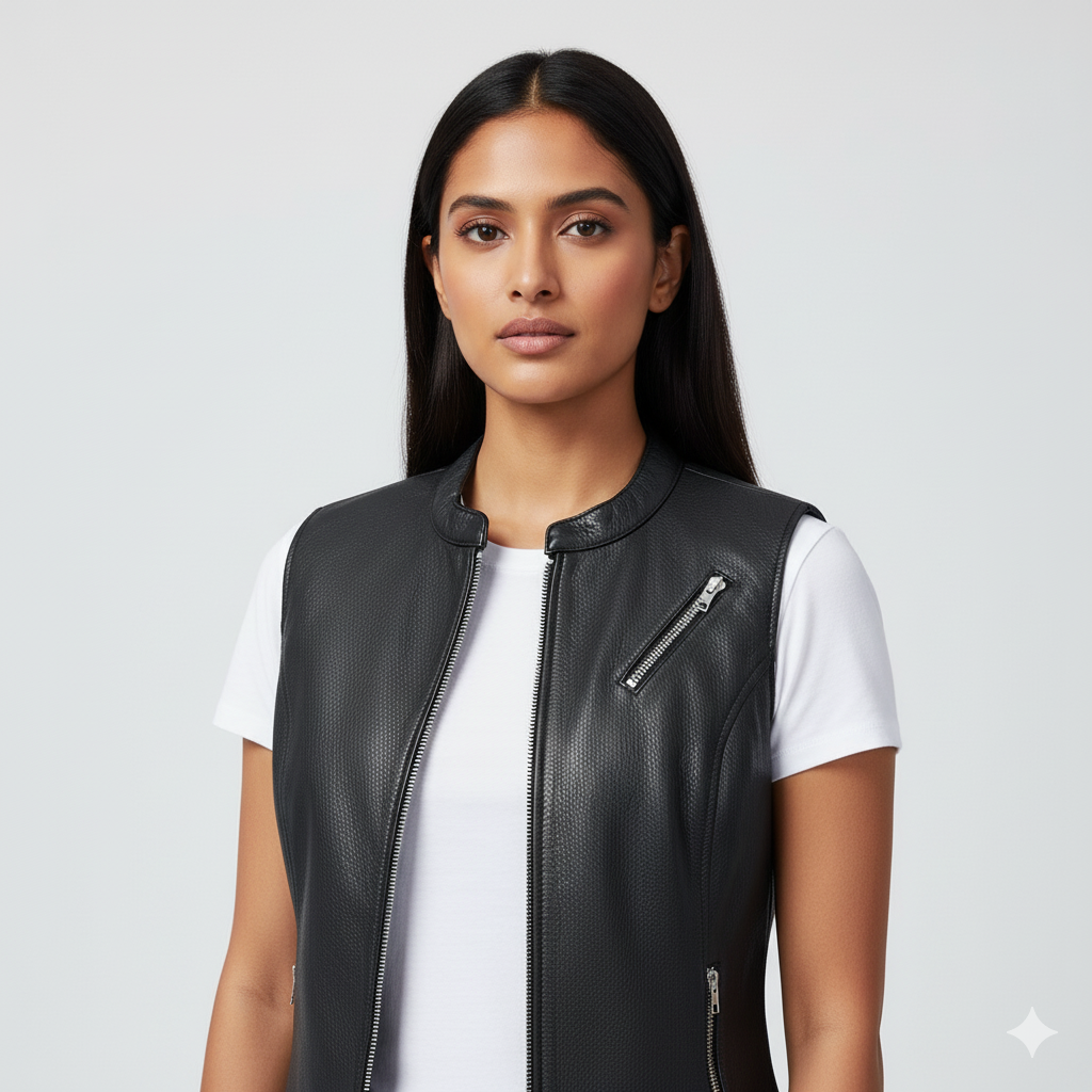 Close-up of the smooth black leather material and the exposed metal zipper on the women's leather vest.