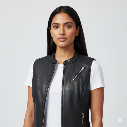 Close-up of the smooth black leather material and the exposed metal zipper on the women's leather vest.