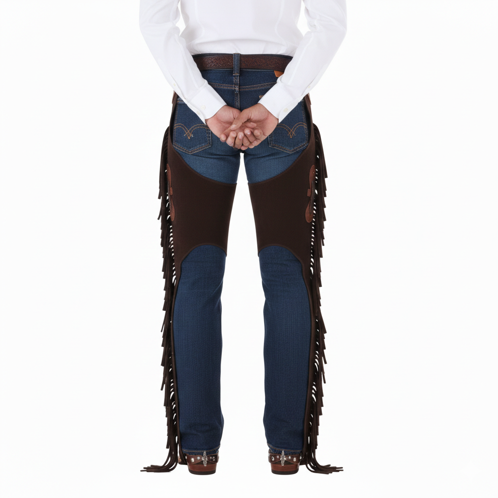 Female rider wearing brown suede protective fringe chaps with adjustable spur straps over blue jeans and an ornate trophy buckle.