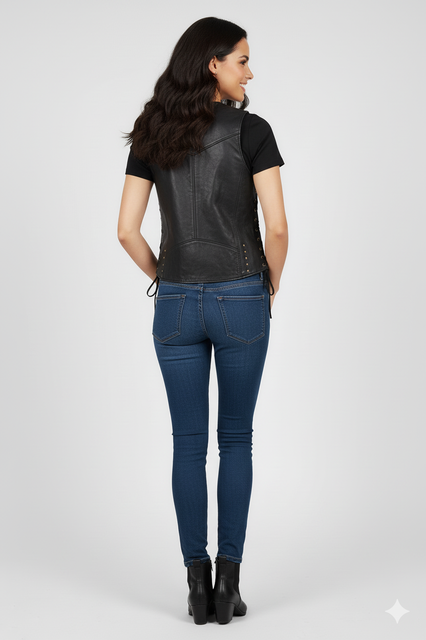 Full-length view of the black shearling vest styled for winter with a chic monochromatic black outfit.