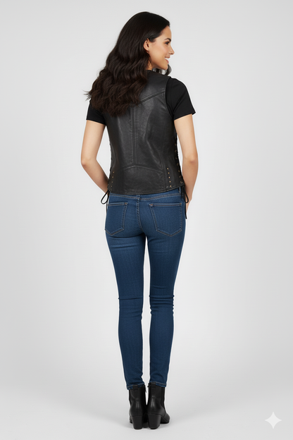 Full-length view of the black shearling vest styled for winter with a chic monochromatic black outfit.