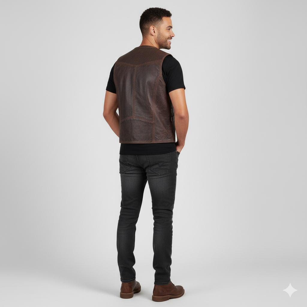 Close-up showing the rich, distressed texture of the dark brown leather and the metal zipper hardware on the vest.