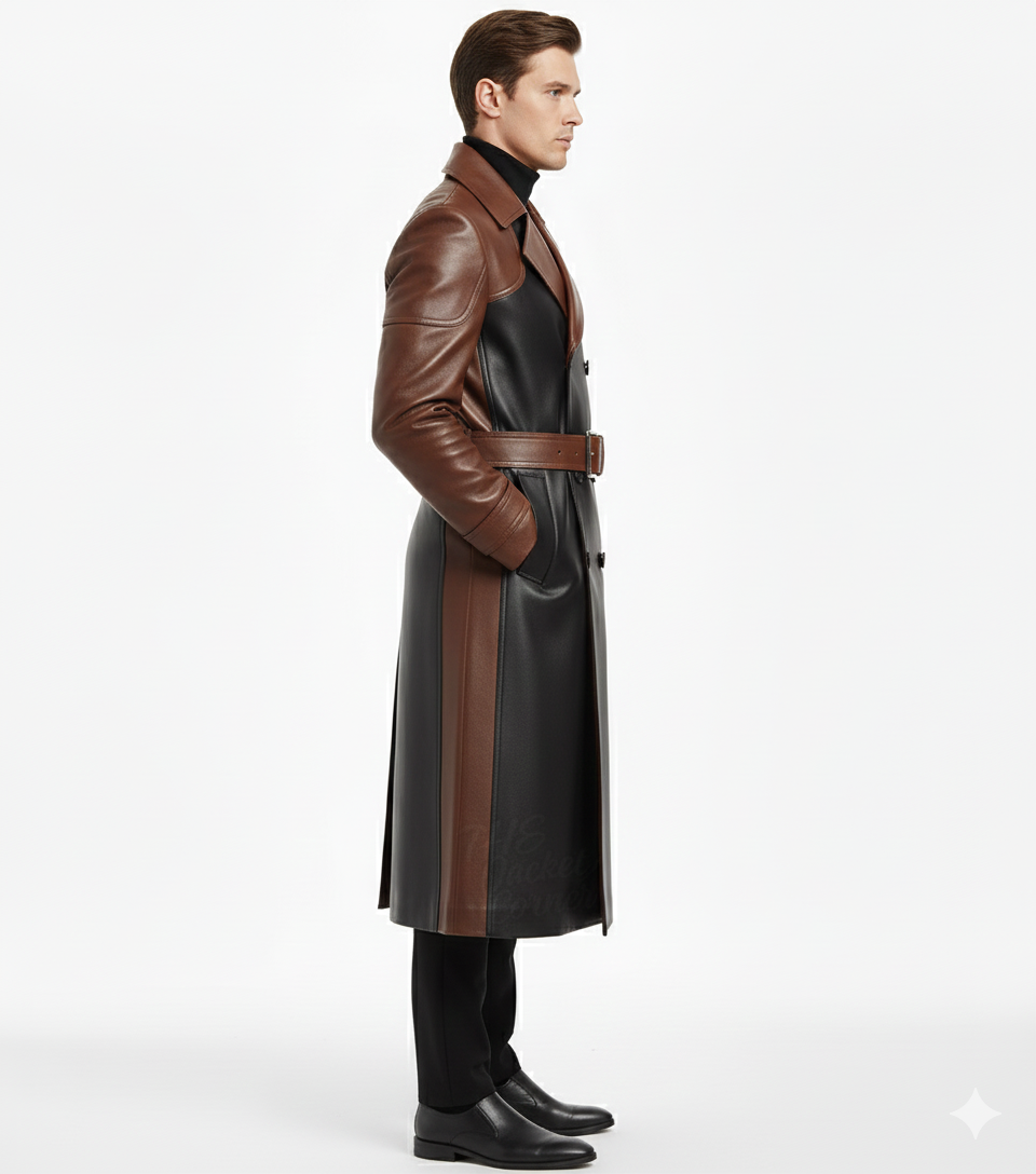 Male model wearing a luxury black and brown two-tone leather trench coat over a black turtleneck sweater.