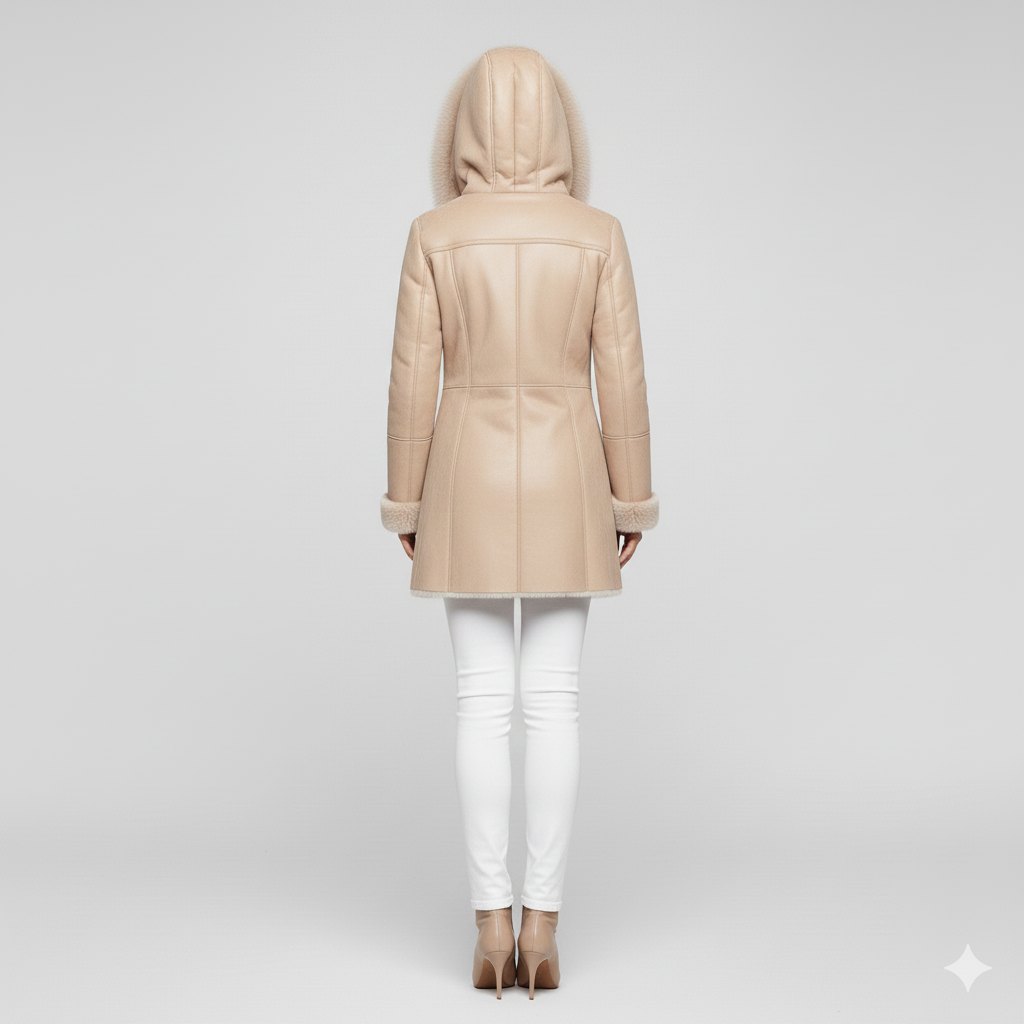 Close-up of the soft cream exterior and dense fur trim on a premium women's hooded winter jacket.