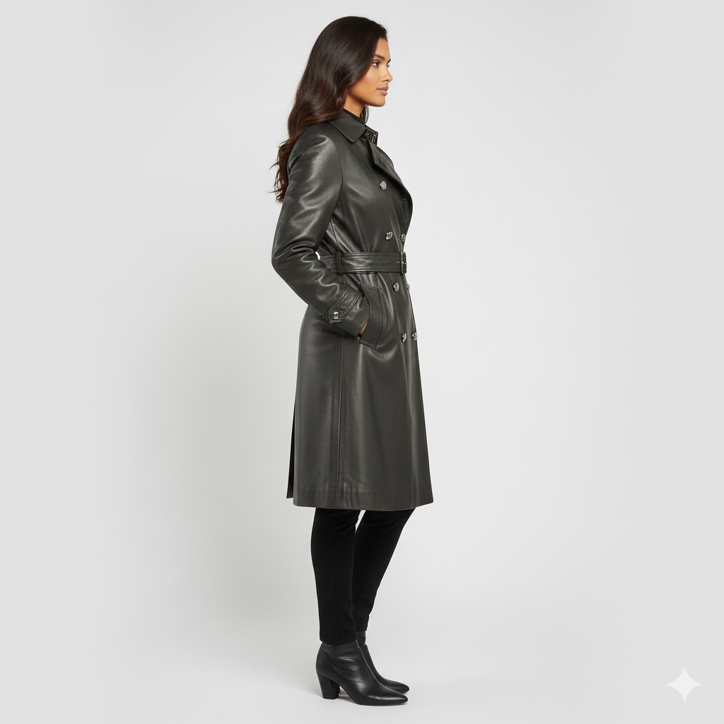 Detail view of the tonal black buttons and rectangular belt buckle on a luxury women's longline trench jacket.