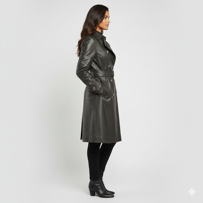 Detail view of the tonal black buttons and rectangular belt buckle on a luxury women's longline trench jacket.
