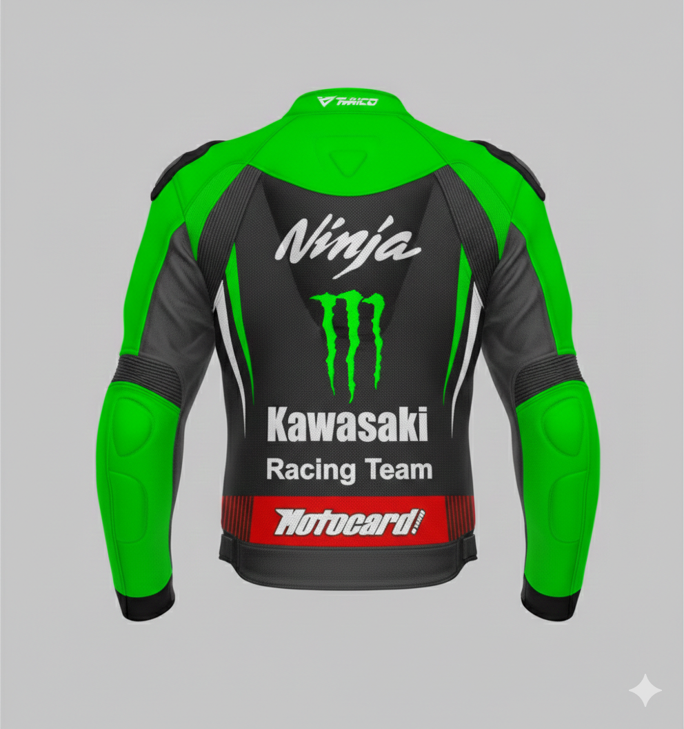 Detailed view of the neon green Monster Energy claw, external hard-shell shoulder sliders, and professional leather construction.