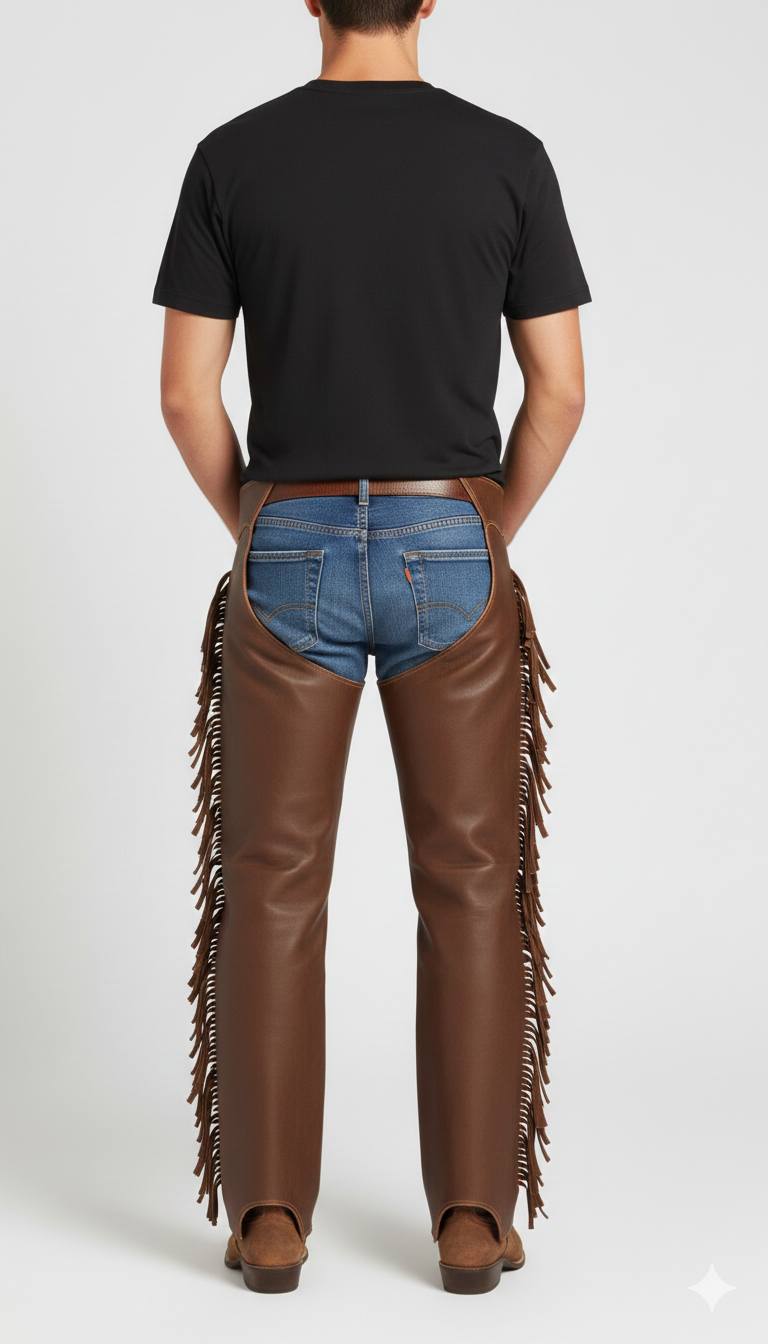 Front view of protective brown leather fringe chaps.