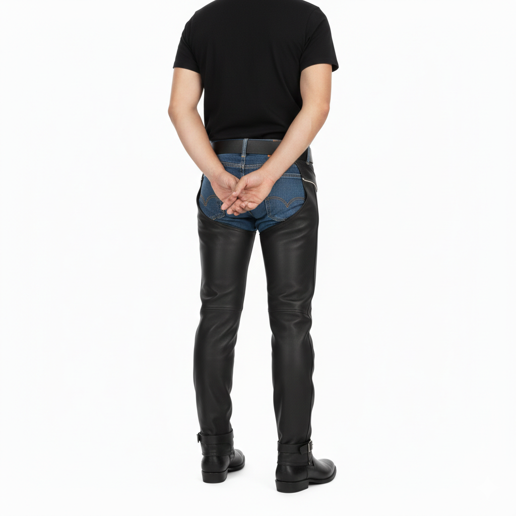 Male model wearing sleek black leather protective chaps with ankle cinches over blue jeans for a technical riding look.