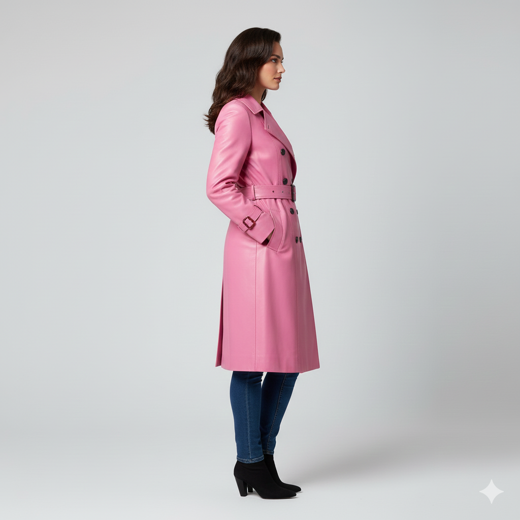 Model wearing a sophisticated long pink leather trench coat