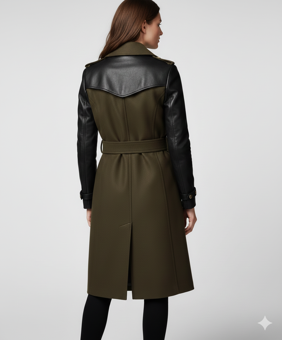 Close-up of the horizontal quilting on the black leather sleeves and the polished gold hardware of a luxury olive trench.