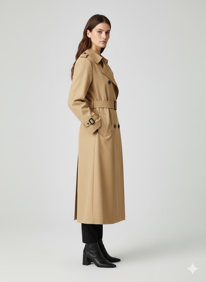 Model wearing a sophisticated khaki maxi trench coat over a white t-shirt and black trousers.