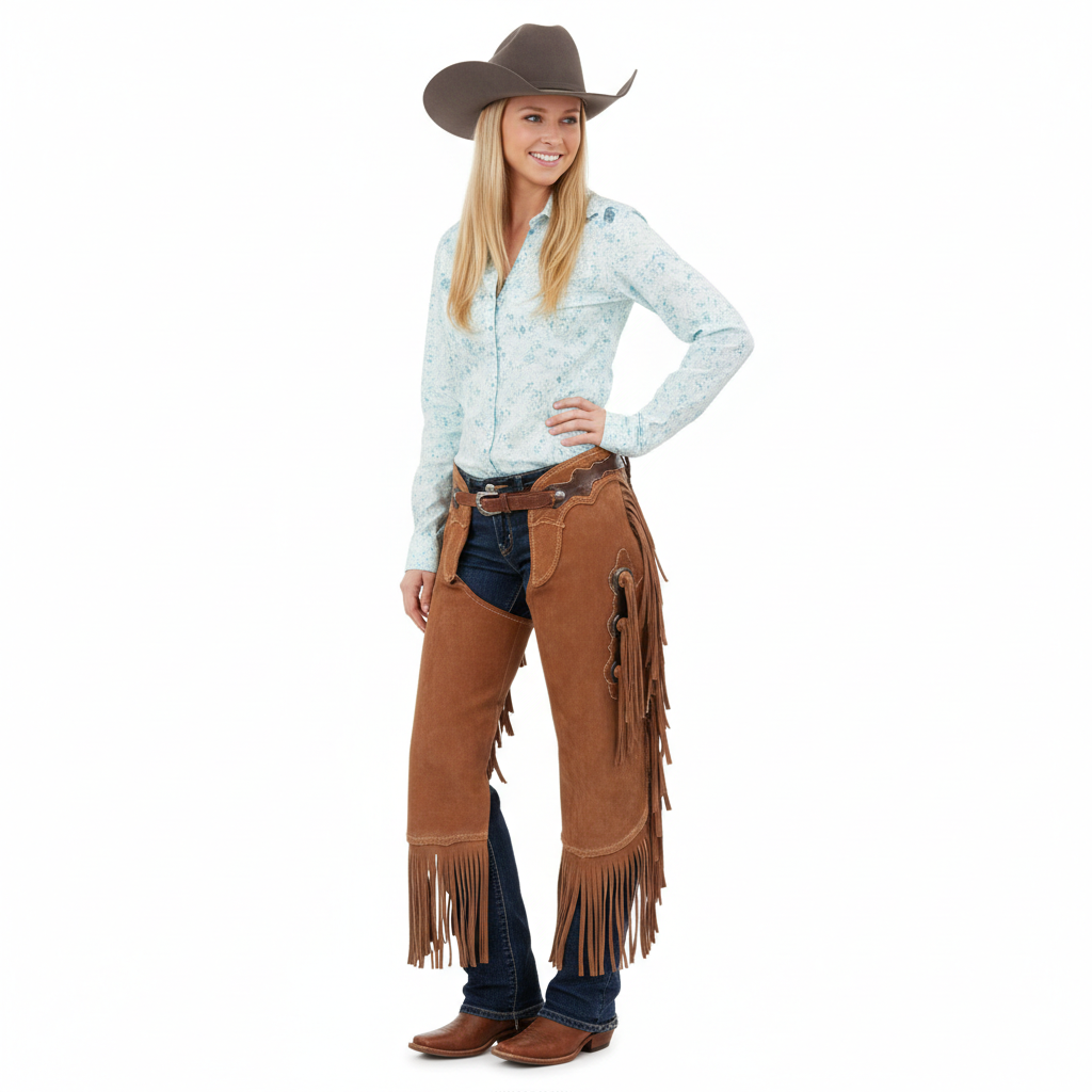 Women's sierra tan suede western chaps with a scalloped leather yoke, tiered side fringe, and silver hardware.