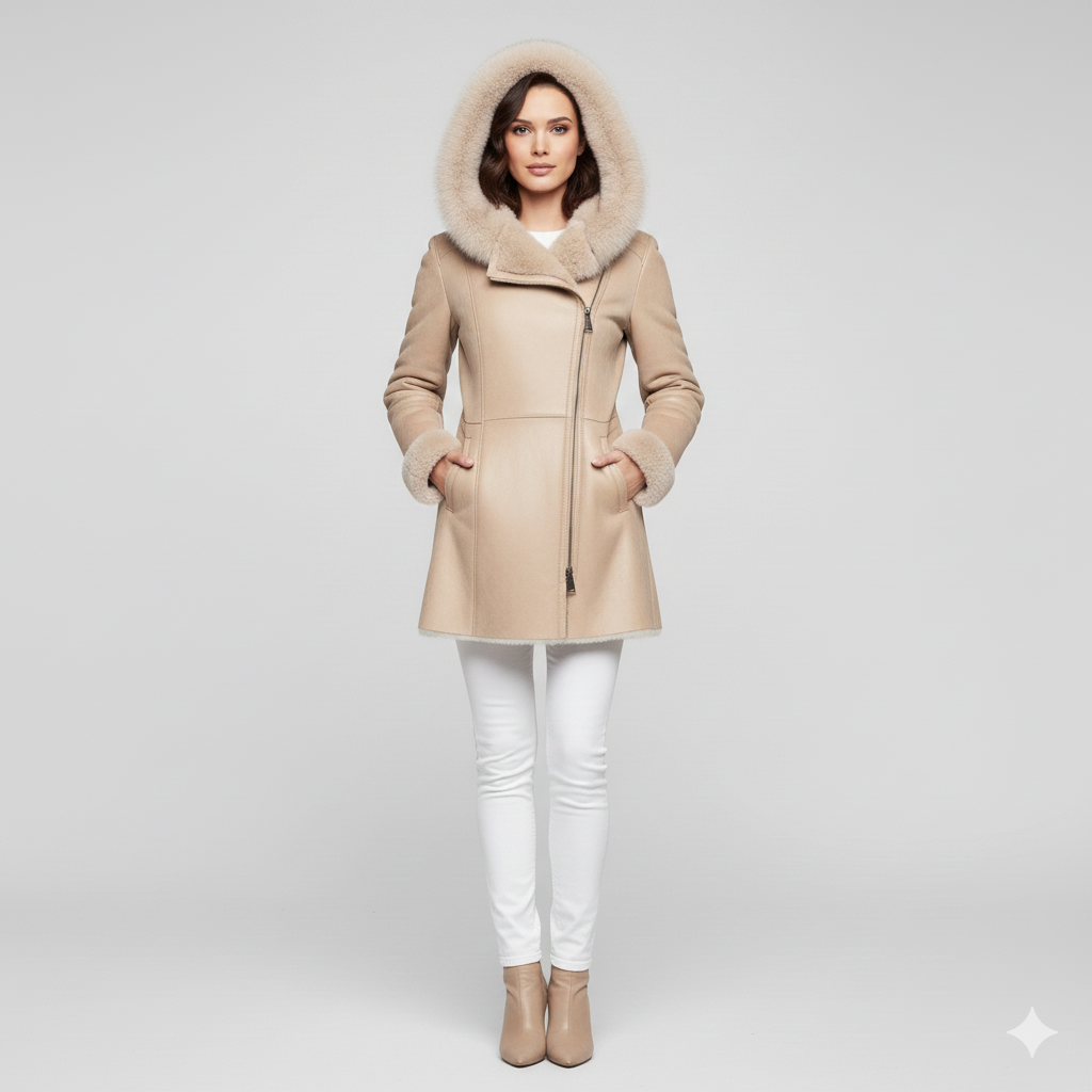 Women's cream shearling-lined winter coat with an oversized fur-trimmed hood and side zipper.
