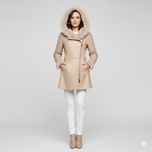 Women's cream shearling-lined winter coat with an oversized fur-trimmed hood and side zipper.