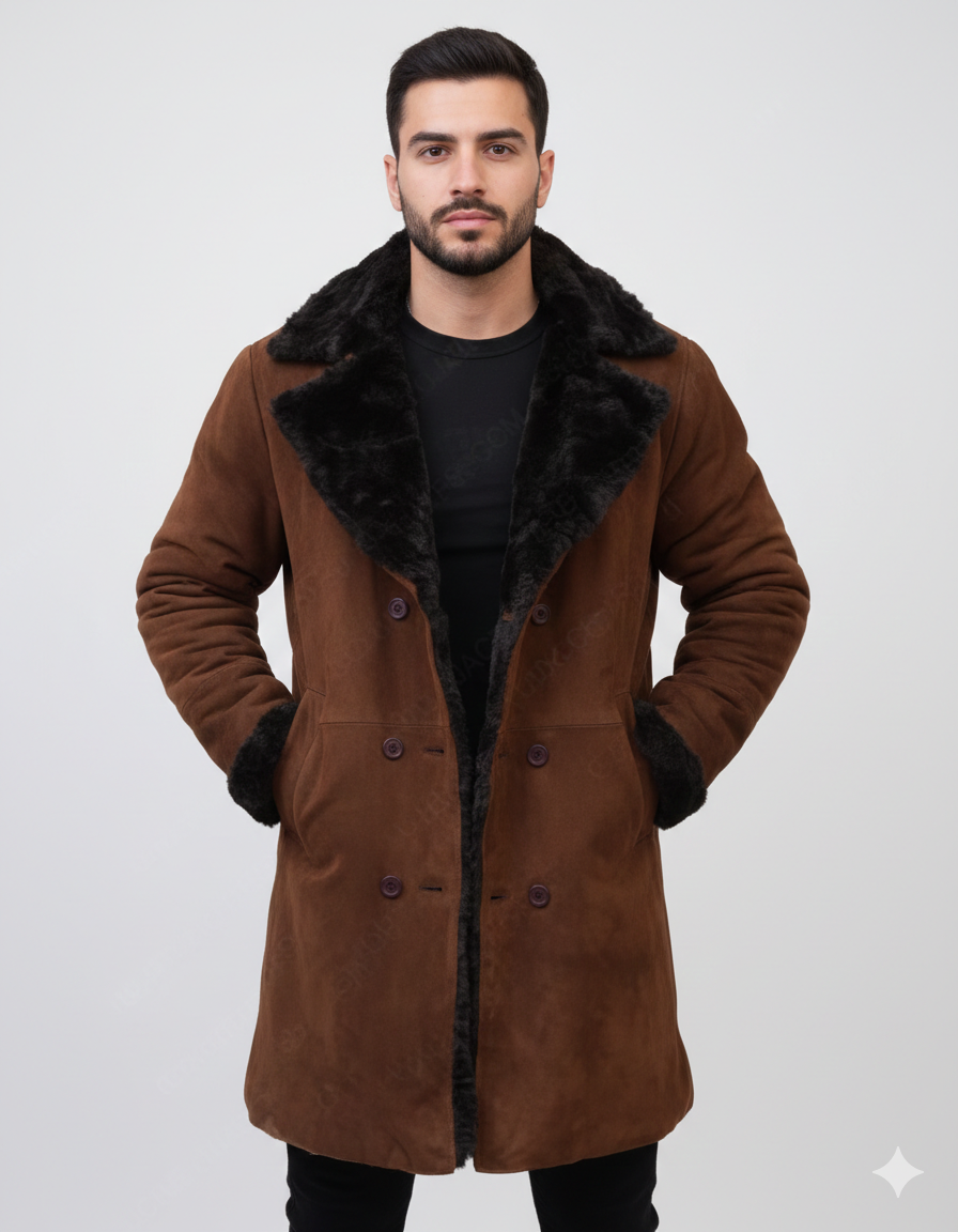 Men's chestnut brown suede trench coat with a plush black shearling collar and lining.