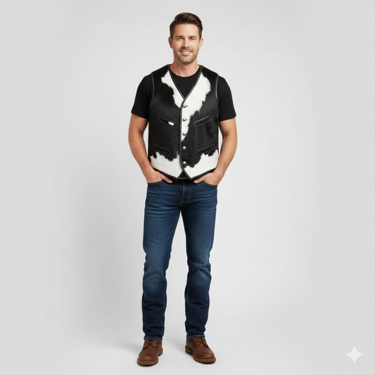 Classic black leather motorcycle vest featuring a four-snap front and a low V-neck collar.