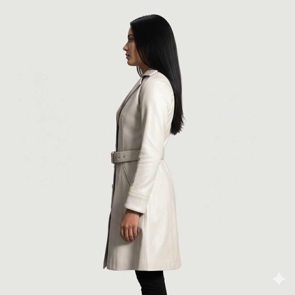 Close-up of a sophisticated white belted  leather jacket for women with clean tailoring and side pockets.