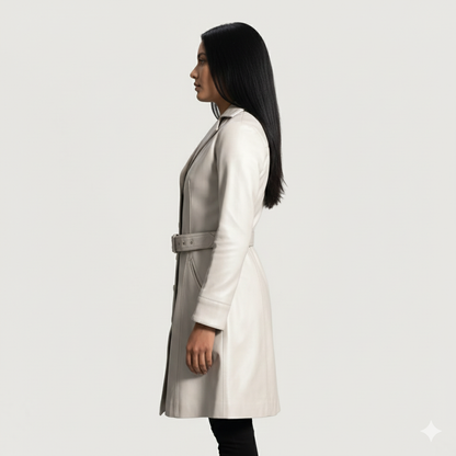 Close-up of a sophisticated white belted  leather jacket for women with clean tailoring and side pockets.
