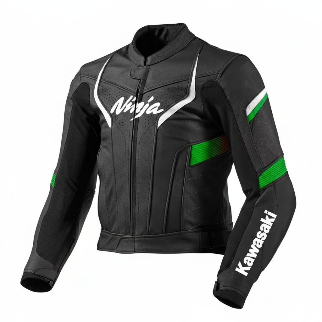 Kawasaki black, green, and white leather motorcycle racing jacket with Monster Energy branding and integrated armor.