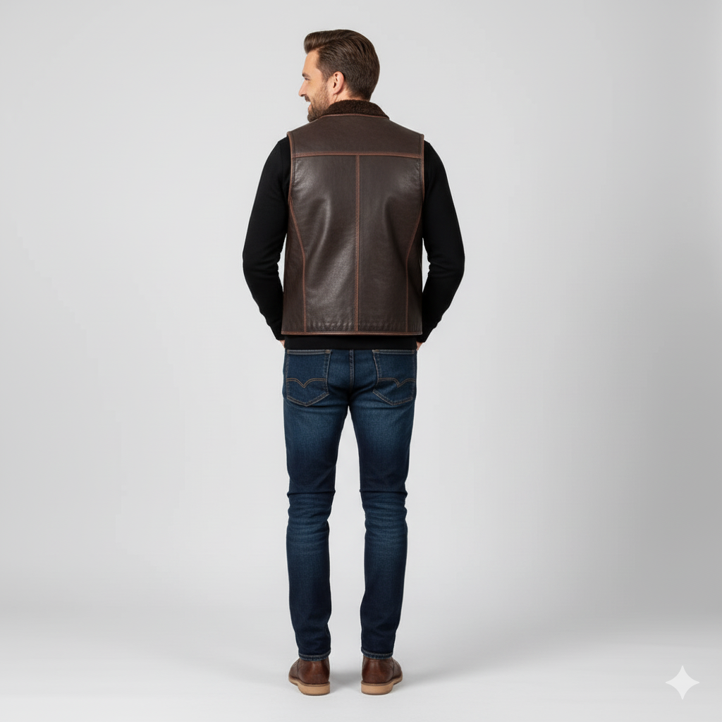 Rugged, V-neck leather vest in a distressed brown finish, featuring a zippered chest pocket and subtle hand pockets.