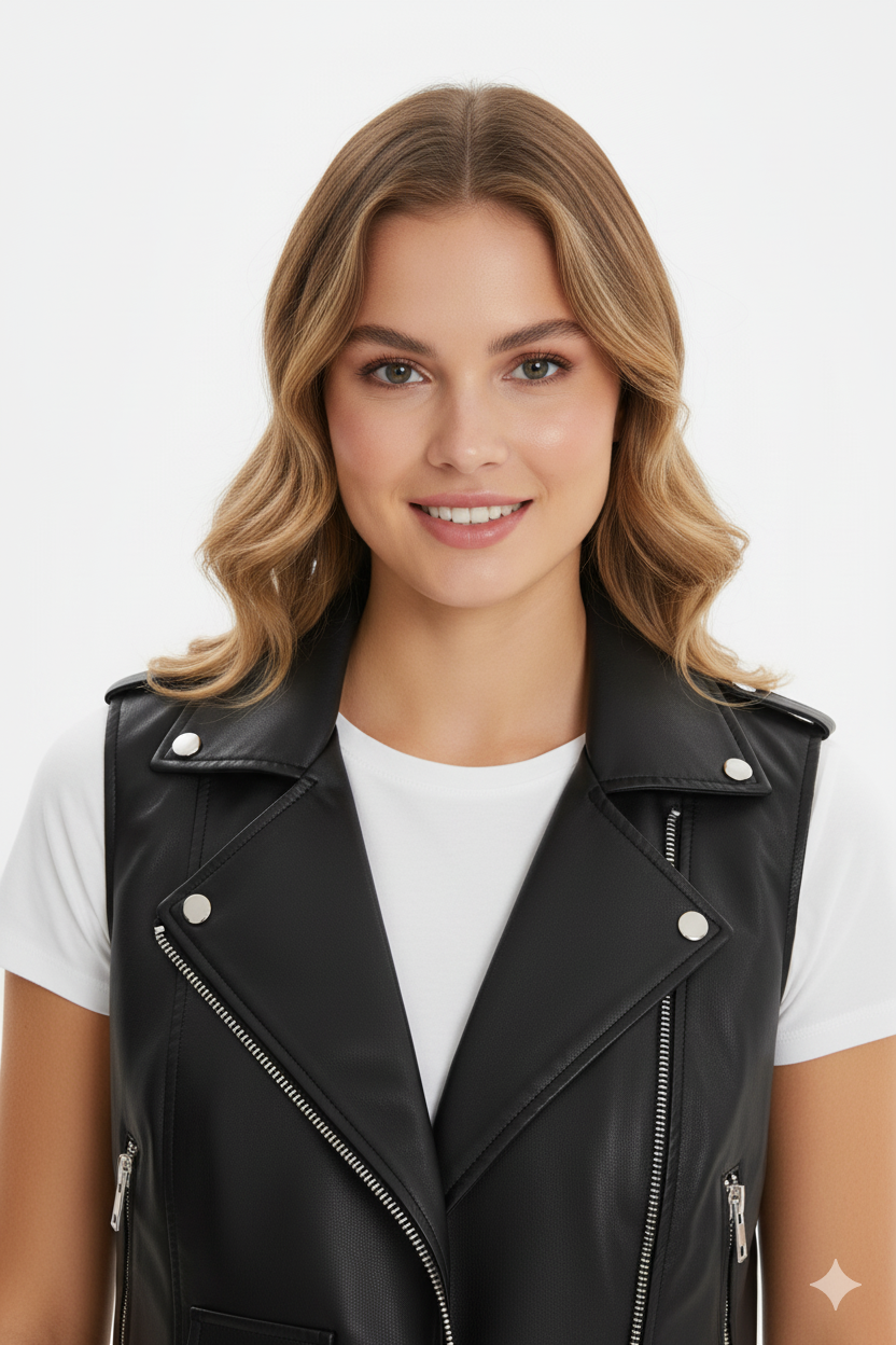Women's cropped black leather biker vest with an asymmetrical zip, wide lapels, and silver hardware.