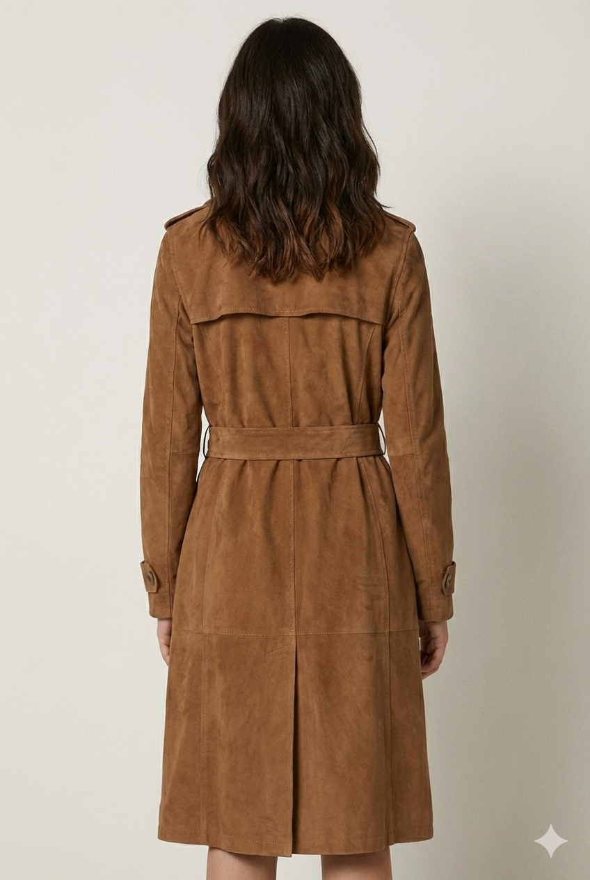 Close-up of the soft matte suede texture and rectangular belt buckle on a luxury brown women's coat.