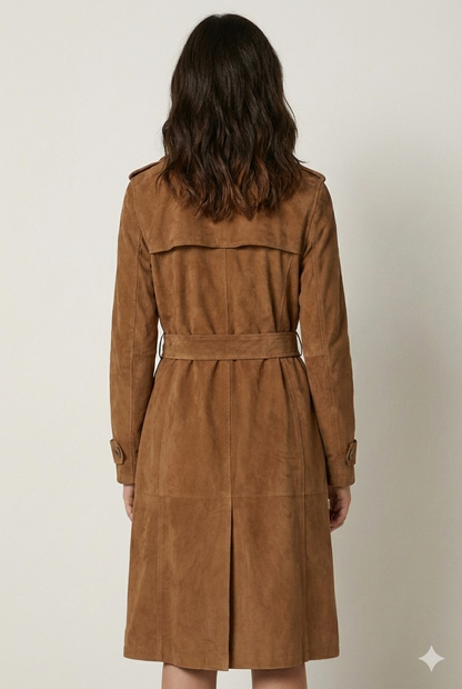 Close-up of the soft matte suede texture and rectangular belt buckle on a luxury brown women's coat.